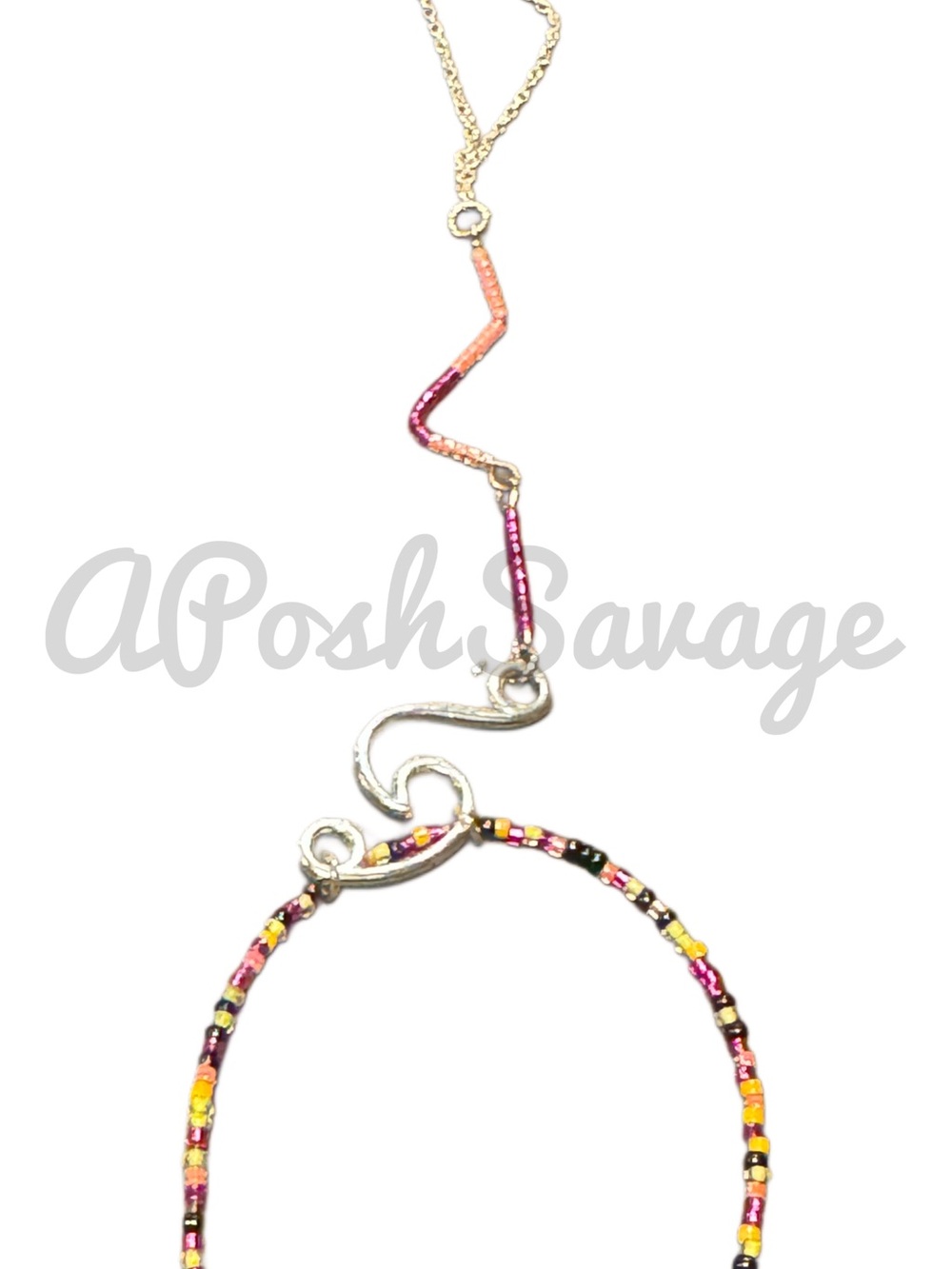 Silver Wave, Bent Wire Design Neon & Metallic Glass Beaded Hand Chain Bracelet